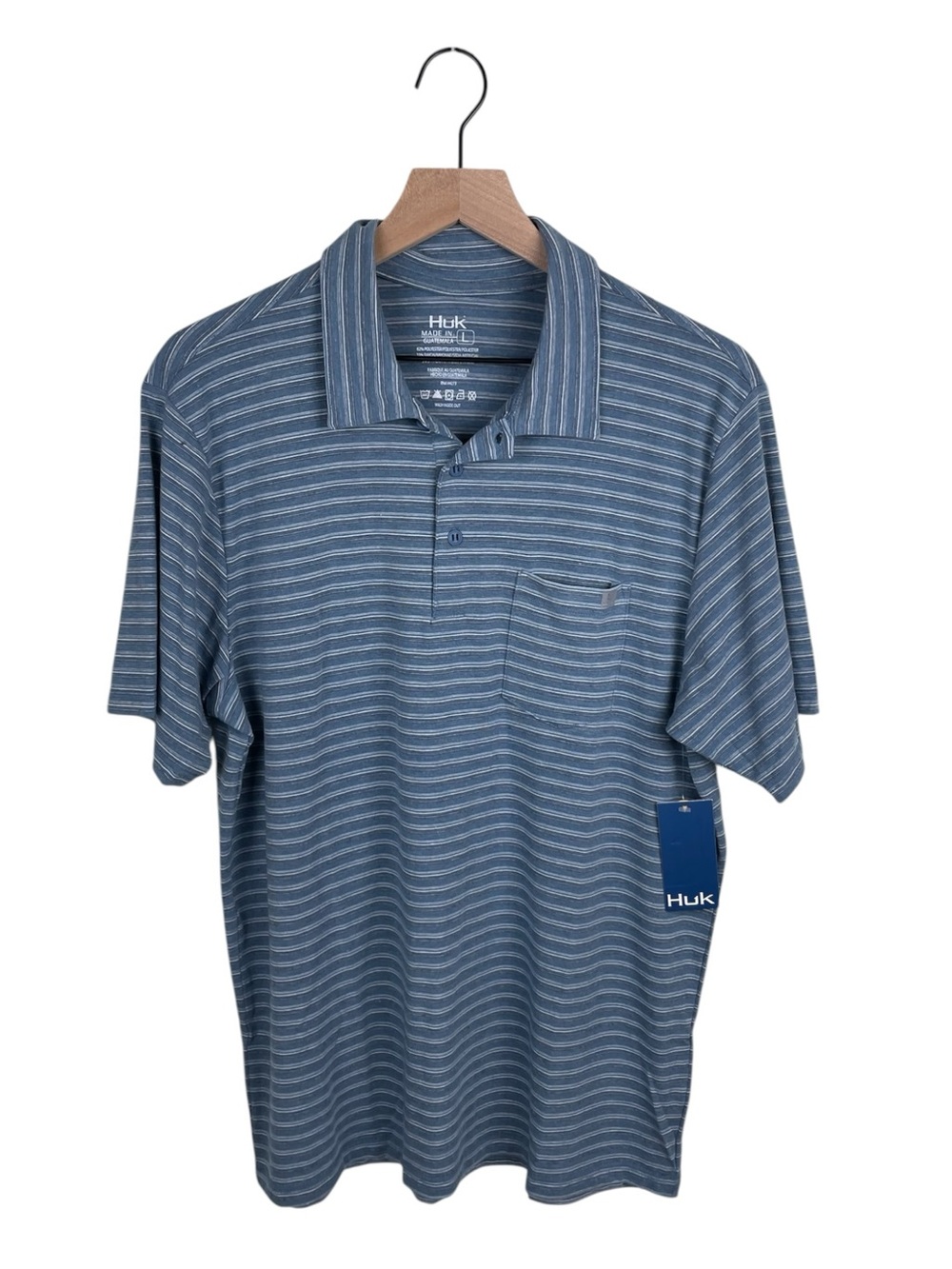 NEW Huk Waypoint Ombre Stripe Polo Shirt Men's Size Large Titanium Blue Fishing